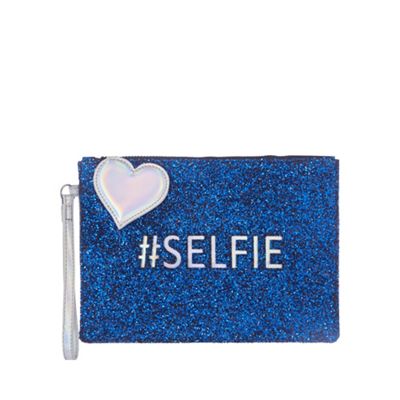 Blue glittery '#Selfie' clutch bag